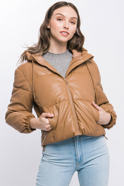 Pu Faux Leather Zipper Hooded Puffer Jacket - AMIClubwear