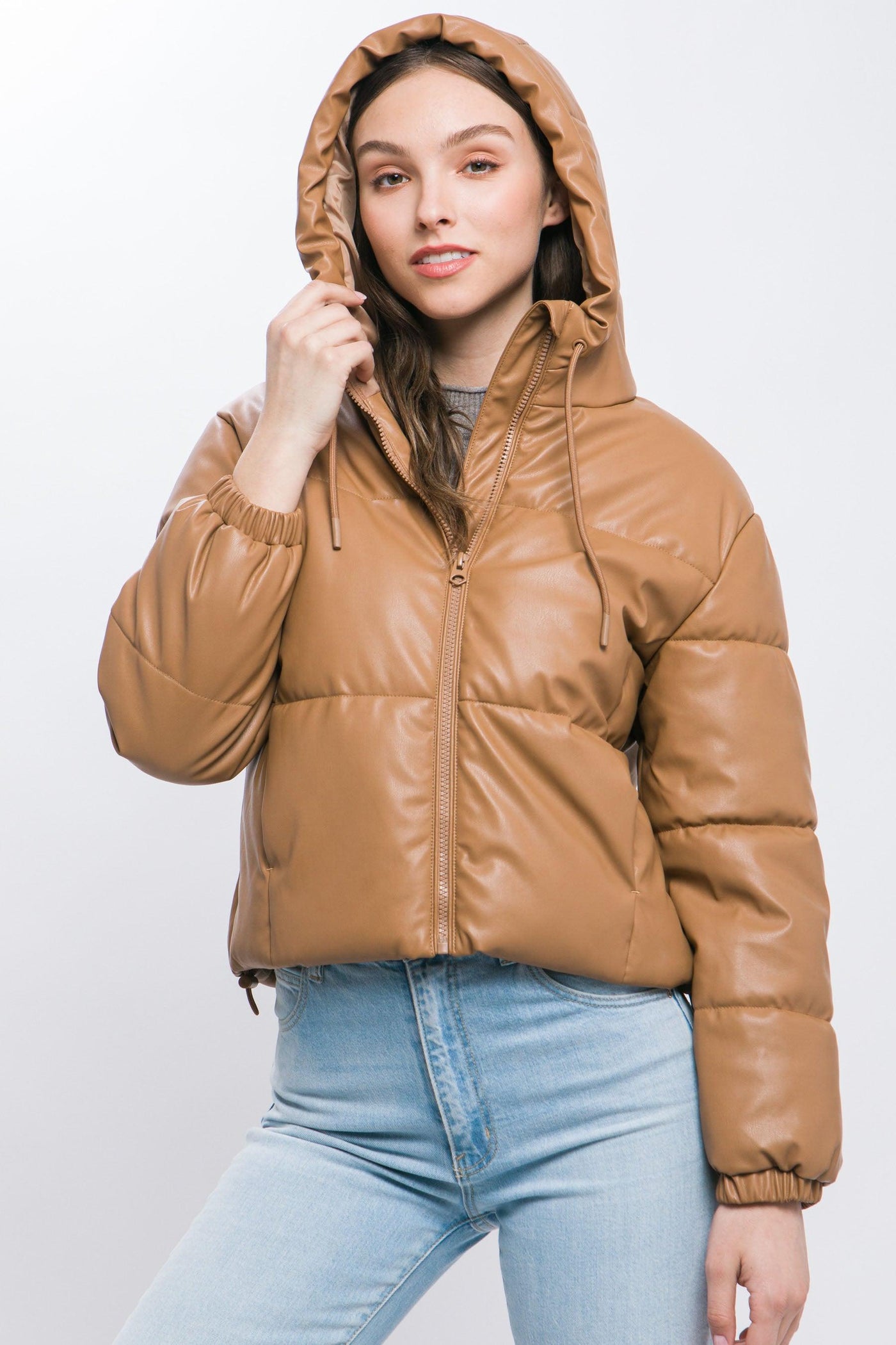 Pu Faux Leather Zipper Hooded Puffer Jacket - AMIClubwear