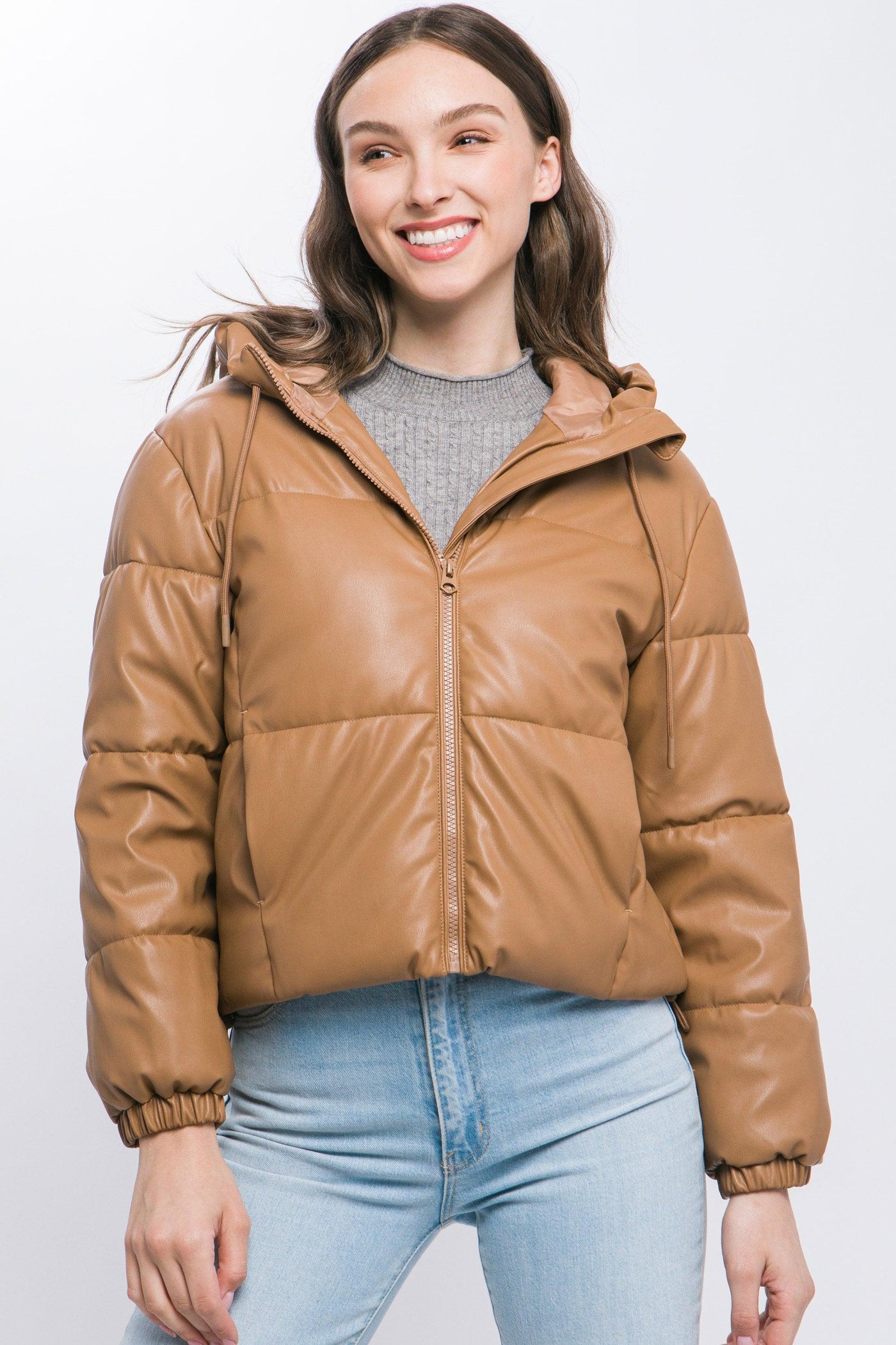 Pu Faux Leather Zipper Hooded Puffer Jacket - AMIClubwear