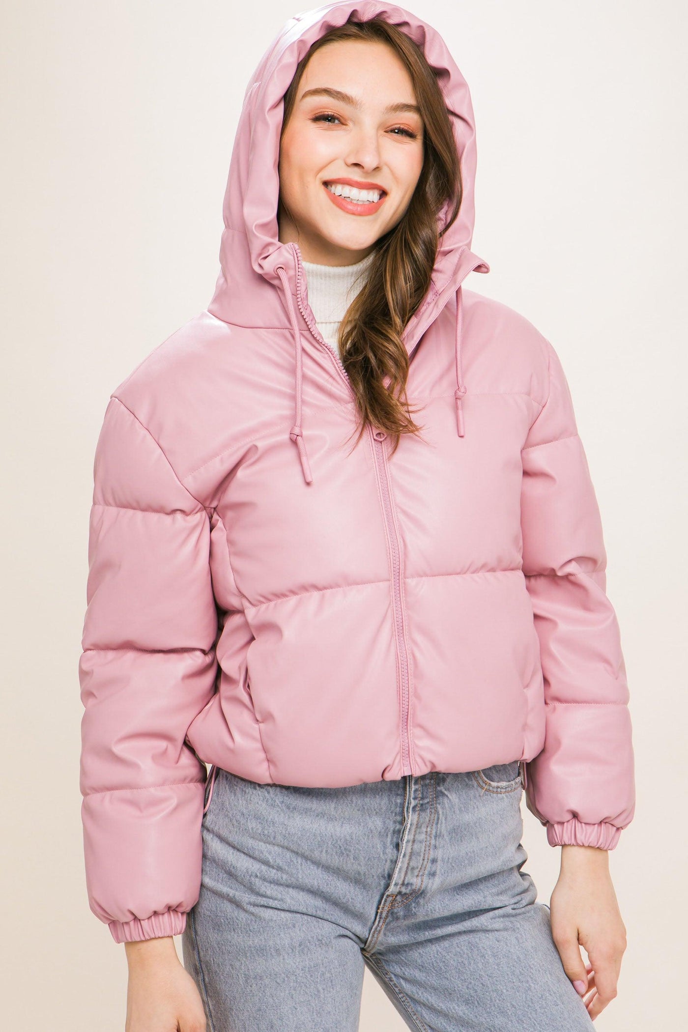 Pu Faux Leather Zipper Hooded Puffer Jacket - AMIClubwear