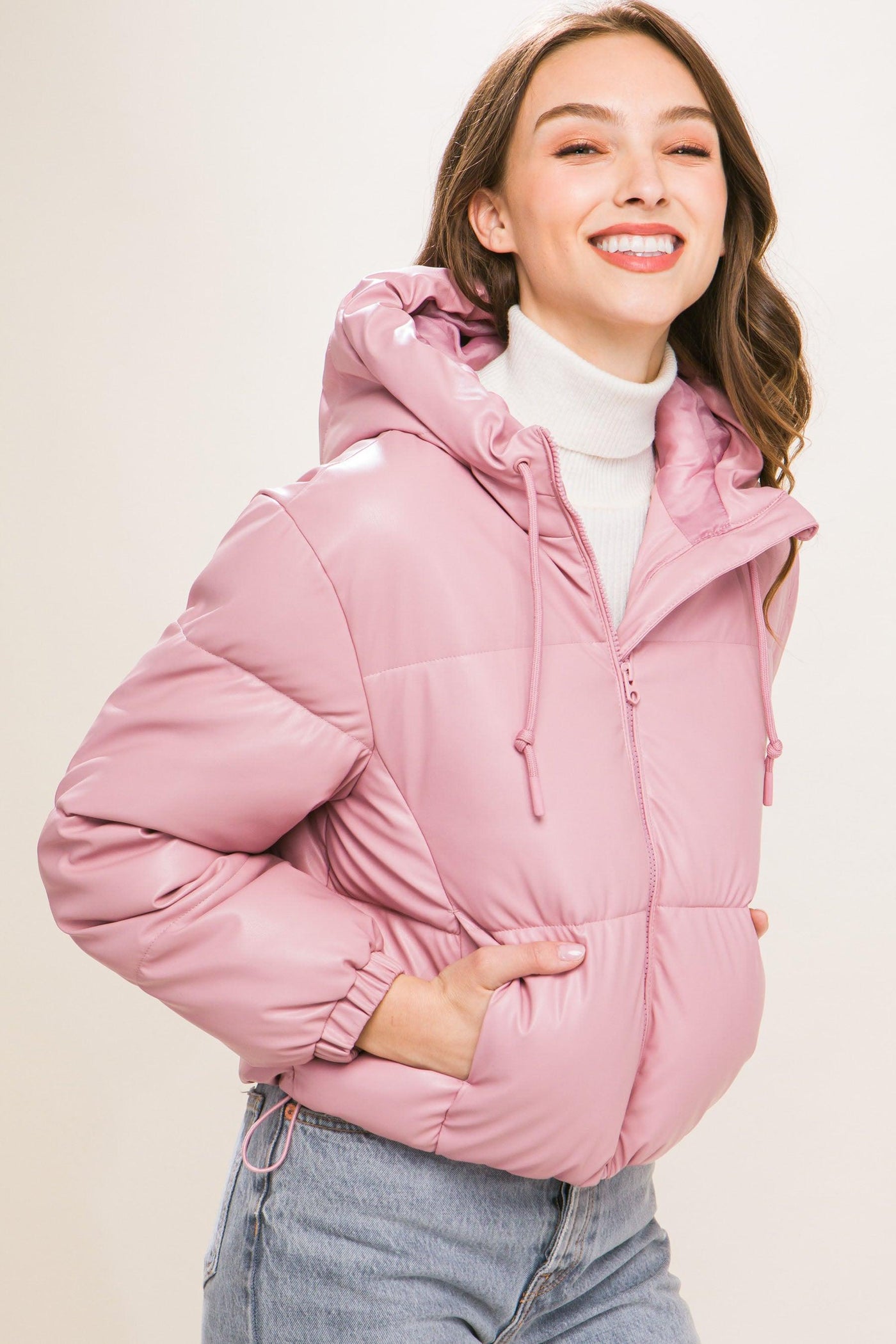 Pu Faux Leather Zipper Hooded Puffer Jacket - AMIClubwear