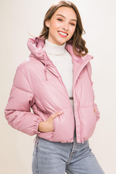 Pu Faux Leather Zipper Hooded Puffer Jacket - AMIClubwear