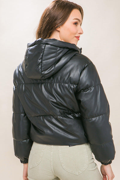 Pu Faux Leather Zipper Hooded Puffer Jacket - AMIClubwear