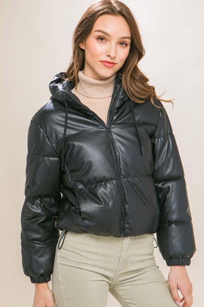 Pu Faux Leather Zipper Hooded Puffer Jacket - AMIClubwear