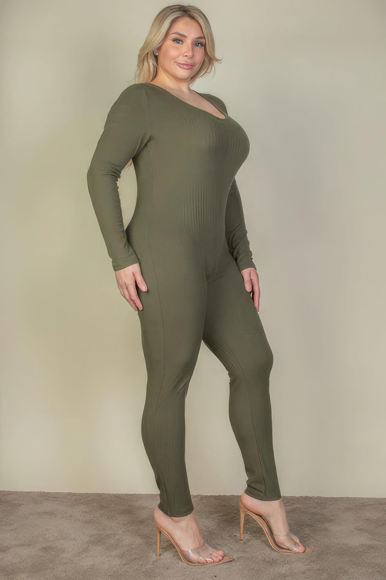 Plus Size Ribbed Scoop Neck Long Sleeve Jumpsuit - AMIClubwear