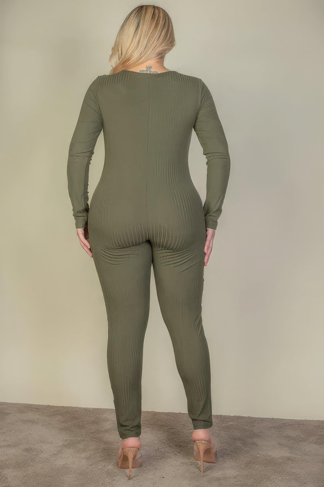 Plus Size Ribbed Scoop Neck Long Sleeve Jumpsuit - AMIClubwear