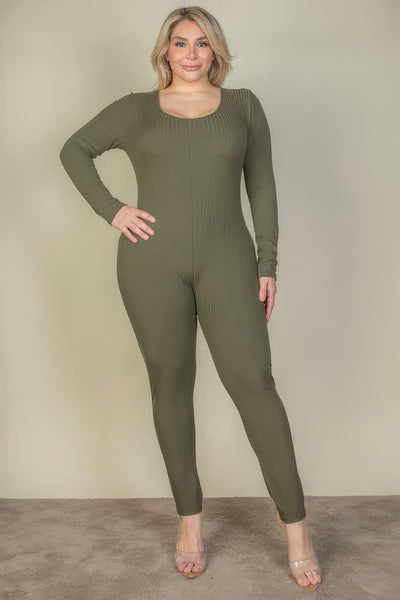 Plus Size Ribbed Scoop Neck Long Sleeve Jumpsuit - AMIClubwear