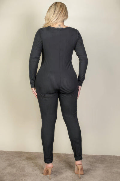 Plus Size Ribbed Scoop Neck Long Sleeve Jumpsuit - AMIClubwear