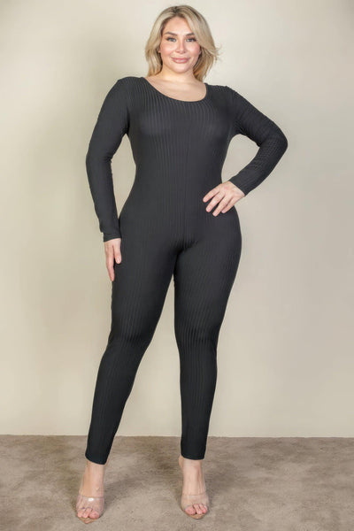 Plus Size Ribbed Scoop Neck Long Sleeve Jumpsuit - AMIClubwear