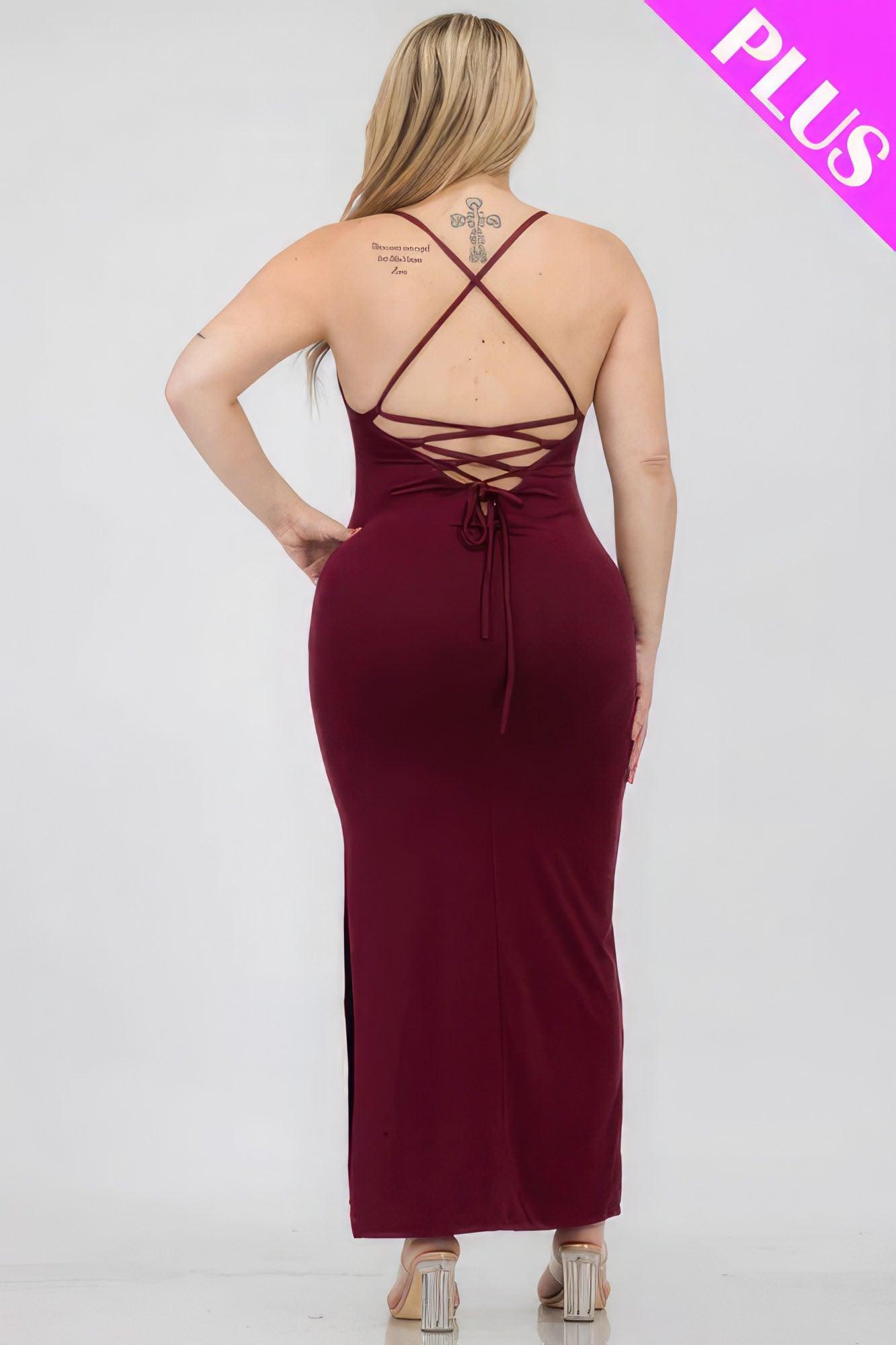 Plus Size Crisscross Back Split Thigh Maxi Dress - AMIClubwear