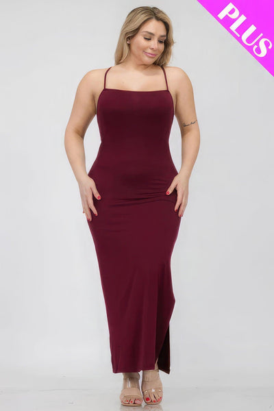 Plus Size Crisscross Back Split Thigh Maxi Dress - AMIClubwear