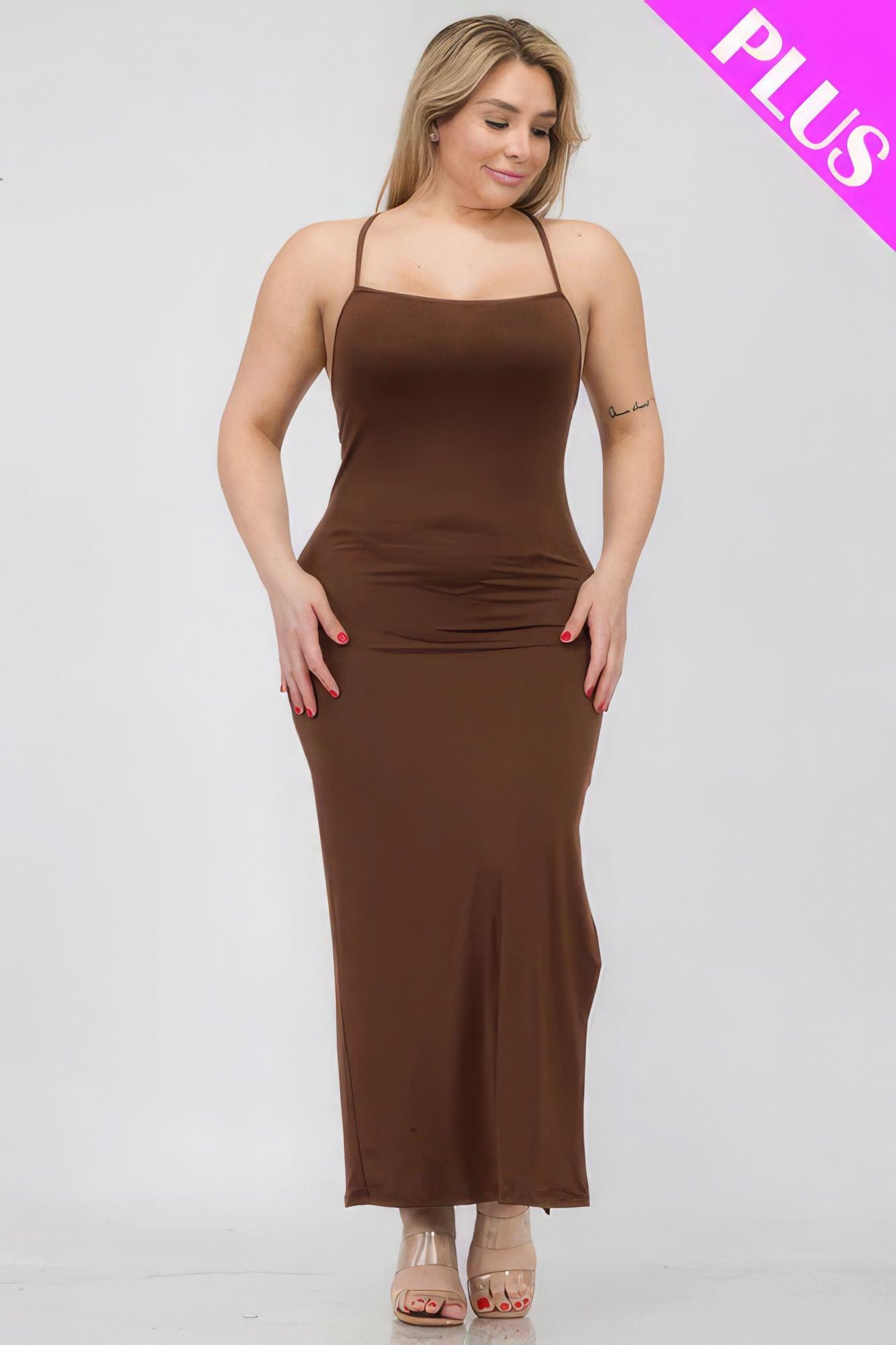 Plus Size Crisscross Back Split Thigh Maxi Dress - AMIClubwear