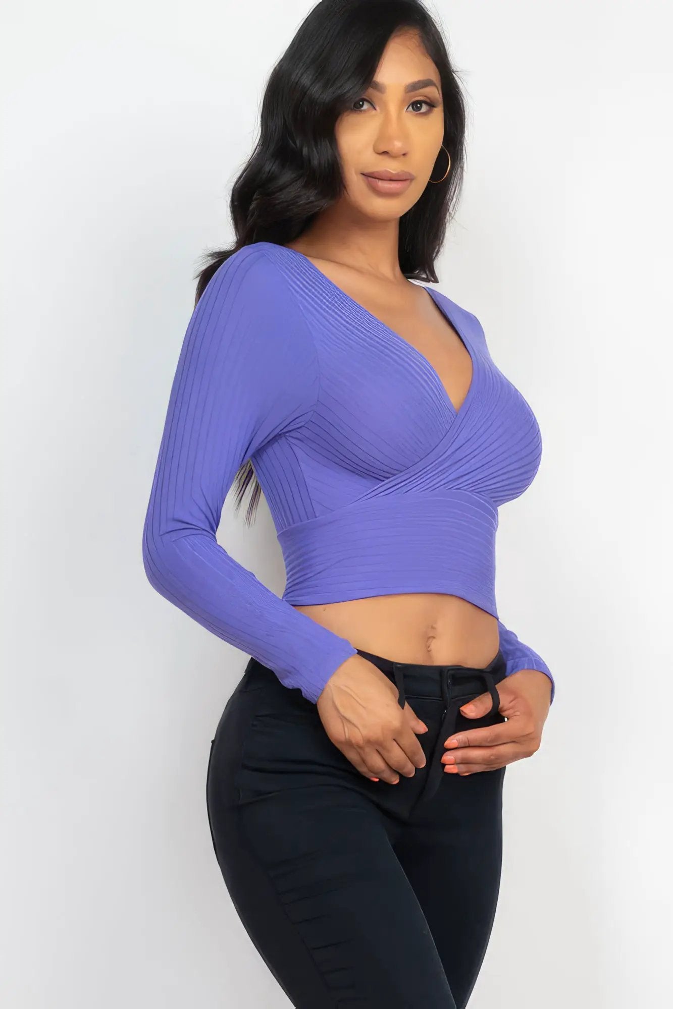 Ribbed Wrap Front Long Sleeve Top