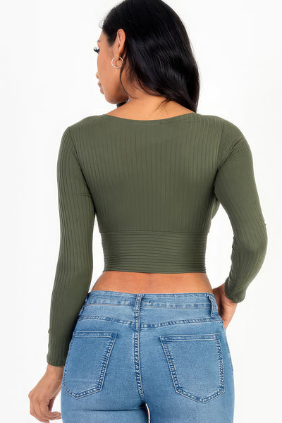 Ribbed Wrap Front Long Sleeve Top