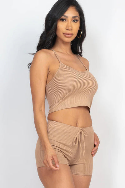 Ribbed Crop Cami Top & Shorts Set - AMIClubwear