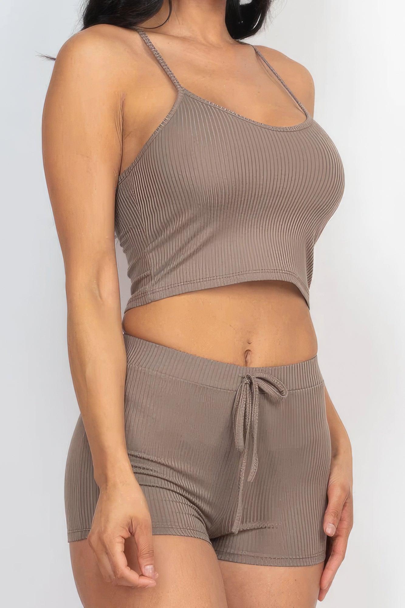 Ribbed Crop Cami Top & Shorts Set - AMIClubwear