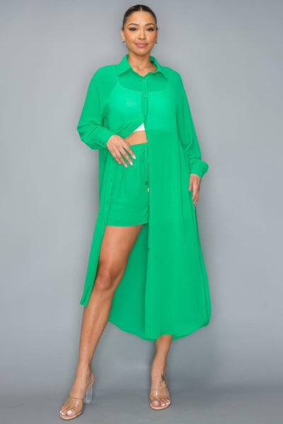 Chiffon Button Down Long Sleeve Side Slit Long Top With Short Set - AMIClubwear