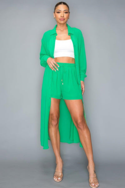 Chiffon Button Down Long Sleeve Side Slit Long Top With Short Set - AMIClubwear