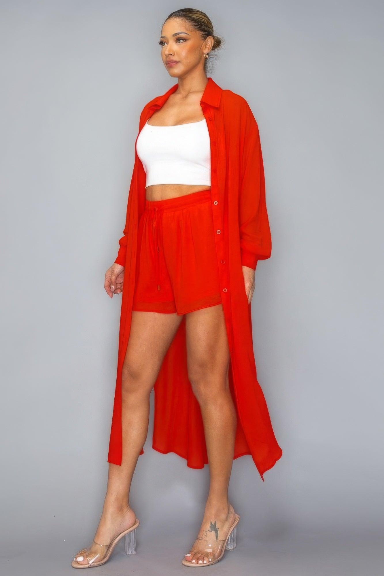 Chiffon Button Down Long Sleeve Side Slit Long Top With Short Set - AMIClubwear