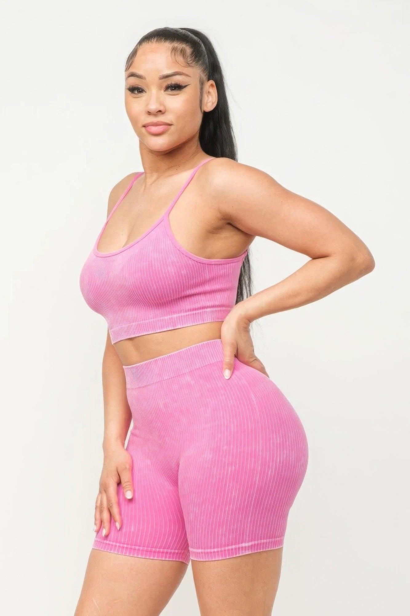 Washed Seamless Basic Tank Top And Shorts Set - AMIClubwear