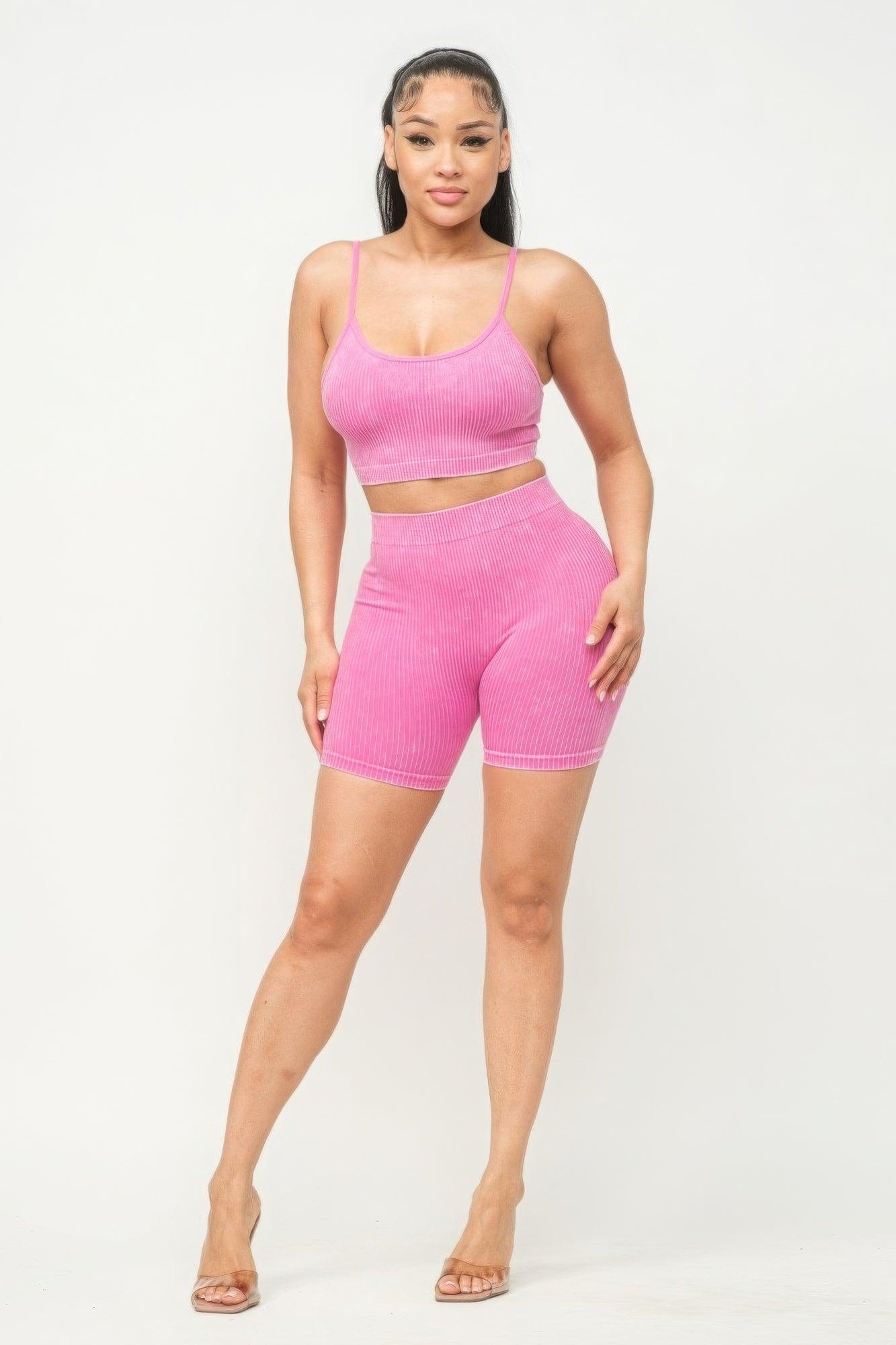 Washed Seamless Basic Tank Top And Shorts Set - AMIClubwear