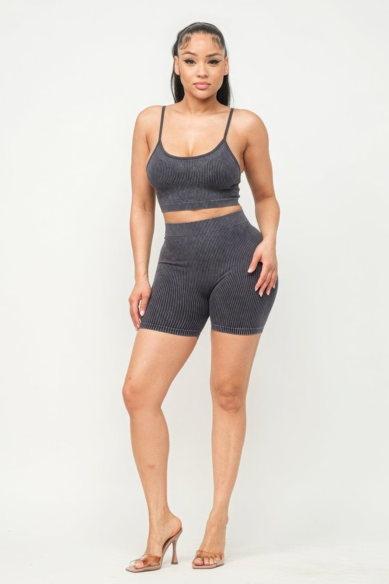 Washed Seamless Basic Tank Top And Shorts Set - AMIClubwear