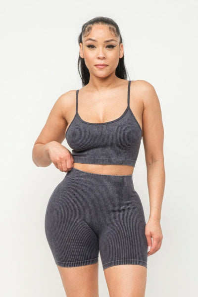 Washed Seamless Basic Tank Top And Shorts Set - AMIClubwear