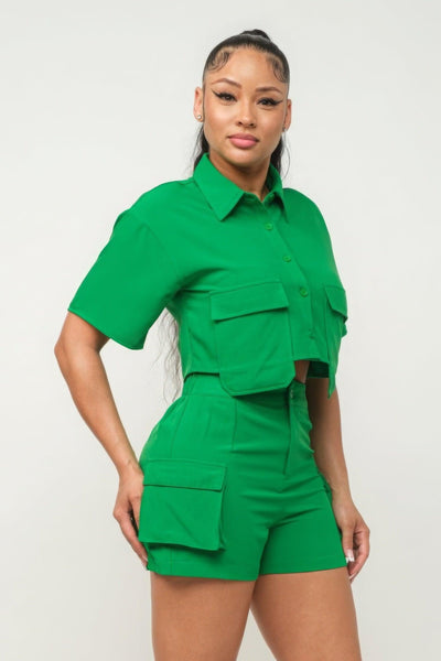 Front Button Down Side Pockets Top And Shorts Set - AMIClubwear