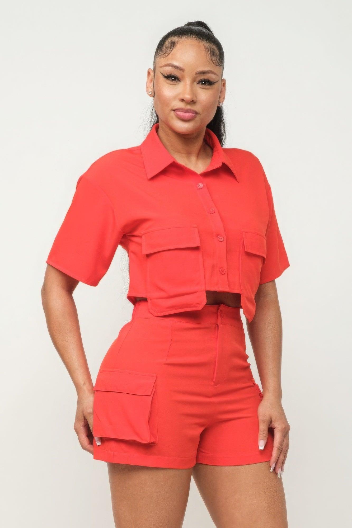 Front Button Down Side Pockets Top And Shorts Set - AMIClubwear