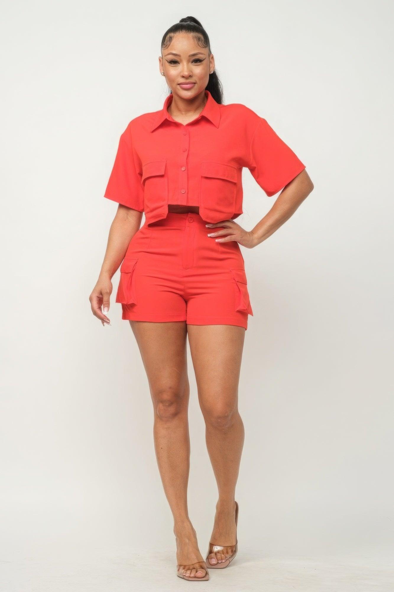 Front Button Down Side Pockets Top And Shorts Set - AMIClubwear