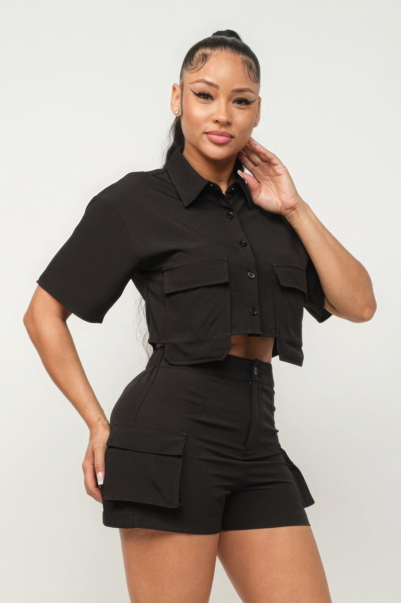 Front Button Down Side Pockets Top And Shorts Set - AMIClubwear