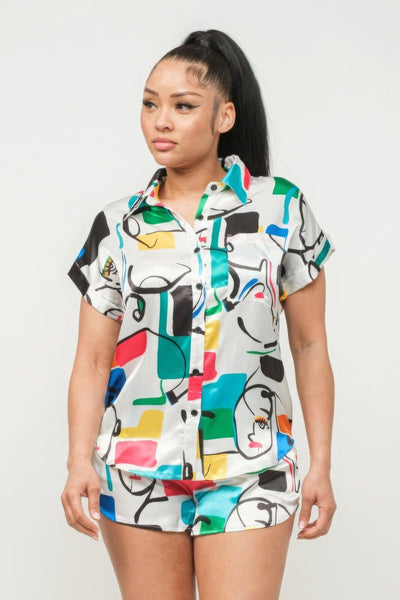 Satin Dolman Print Button Down Top And Shorts Set - AMIClubwear