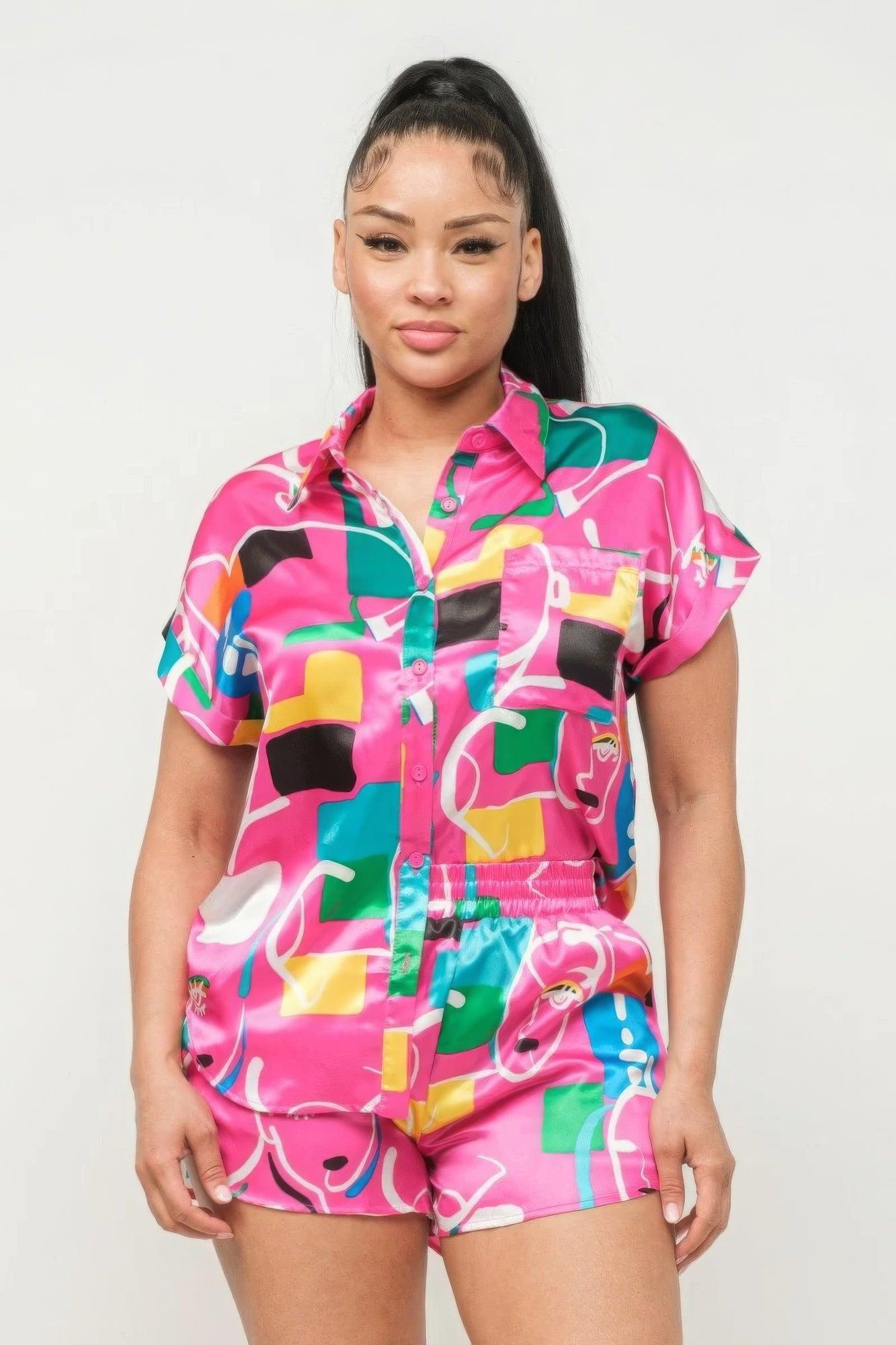 Satin Dolman Print Button Down Top And Shorts Set - AMIClubwear