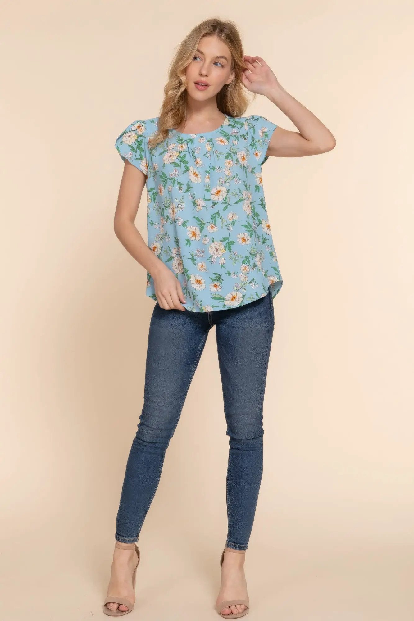 Short Tulip Slv Floral Print Woven Top