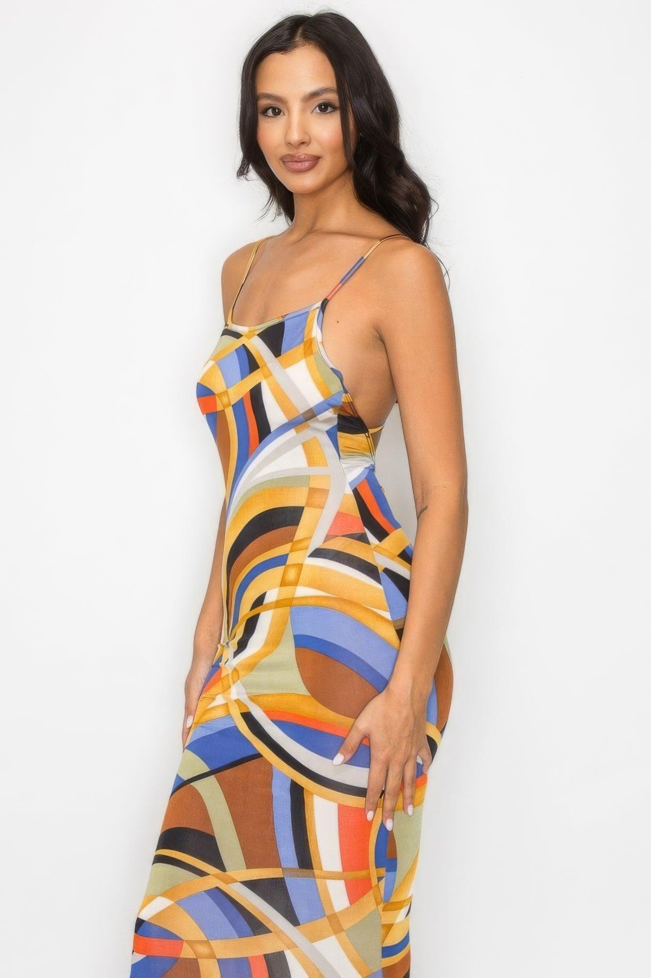 Crossed Back Marble Print Multicolor Midi Dress - AMIClubwear