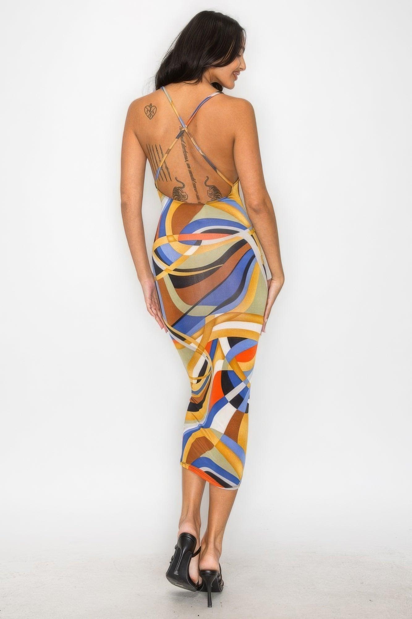 Crossed Back Marble Print Multicolor Midi Dress - AMIClubwear