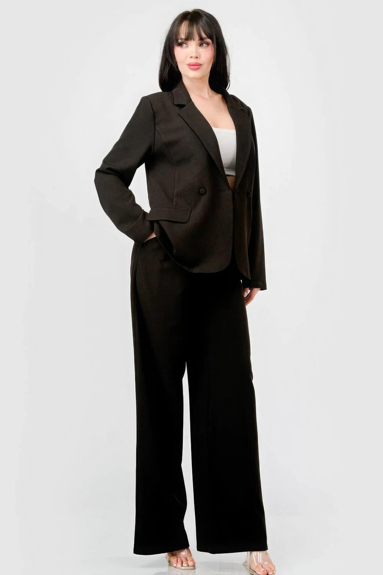 Luxe Stretch Woven Loose Fit Blazer And Wide Legs Pants Semi Formal Set - AMIClubwear