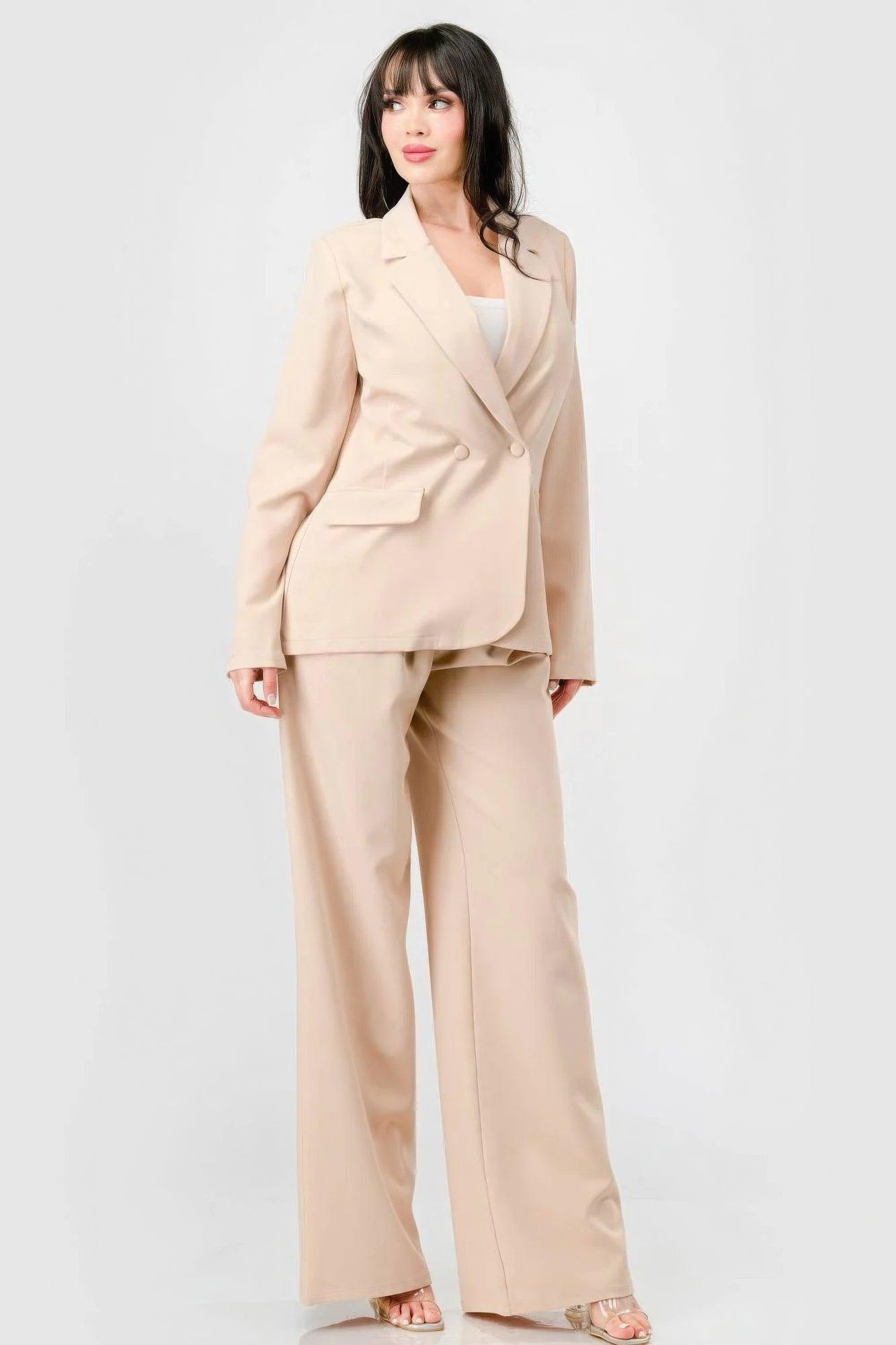 Luxe Stretch Woven Loose Fit Blazer And Wide Legs Pants Semi Formal Set - AMIClubwear