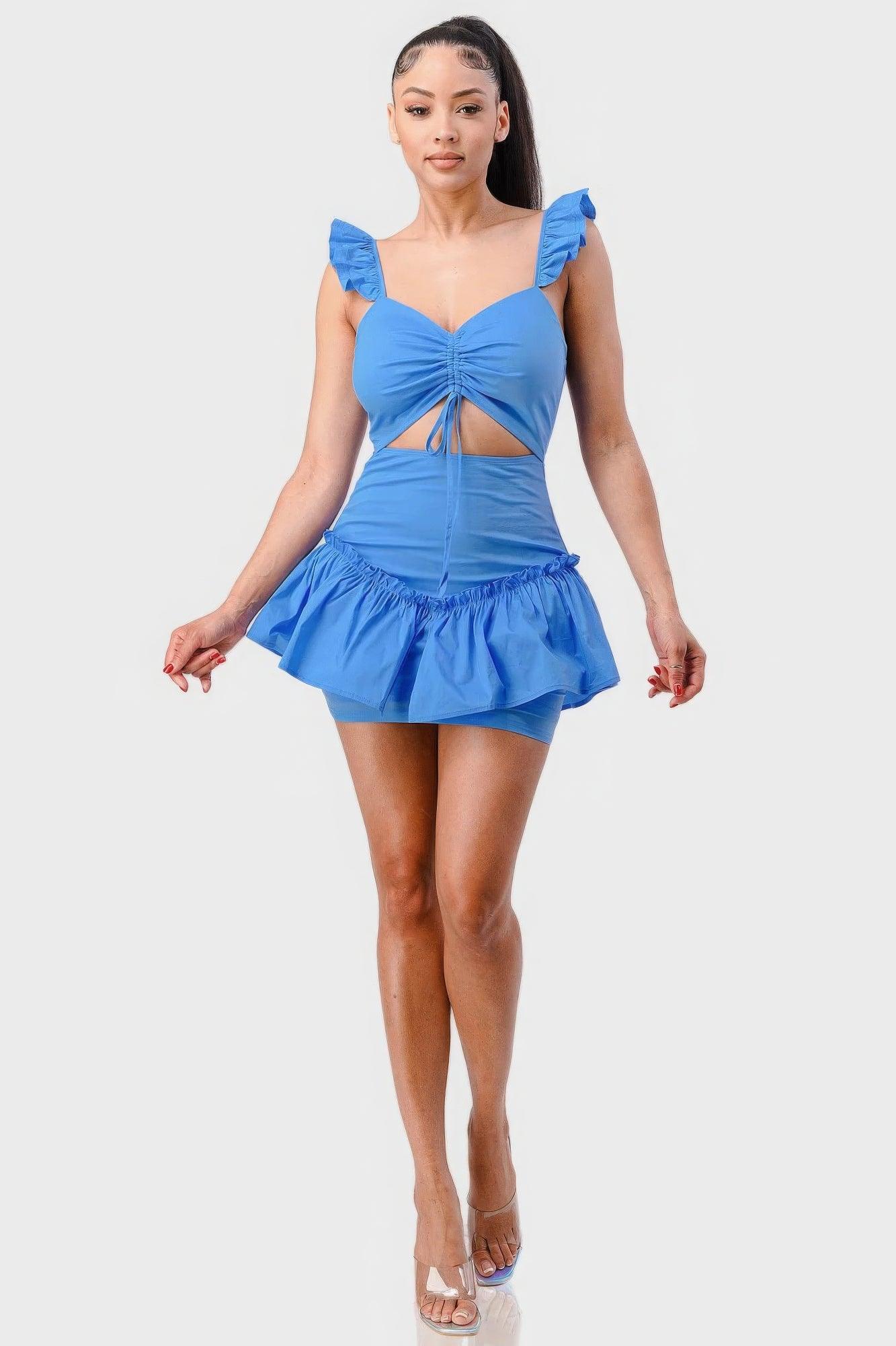 Sweetheart With Drawstring Bow Cutout Ruffled Flutter Sleeves Mini Dress - AMIClubwear