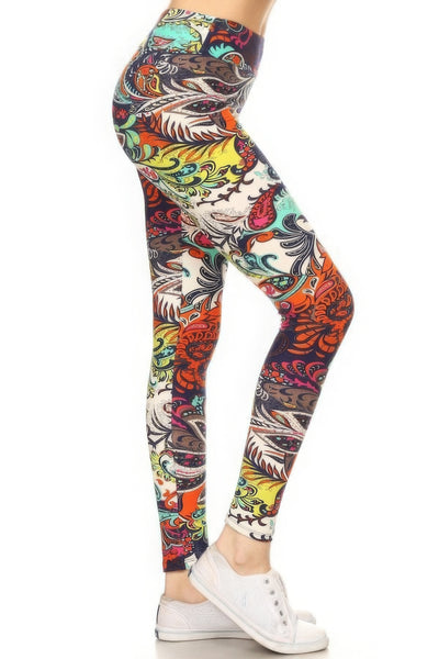 Yoga Style Banded Lined Multicolored Mixed Paisley Print, Full Length Leggings