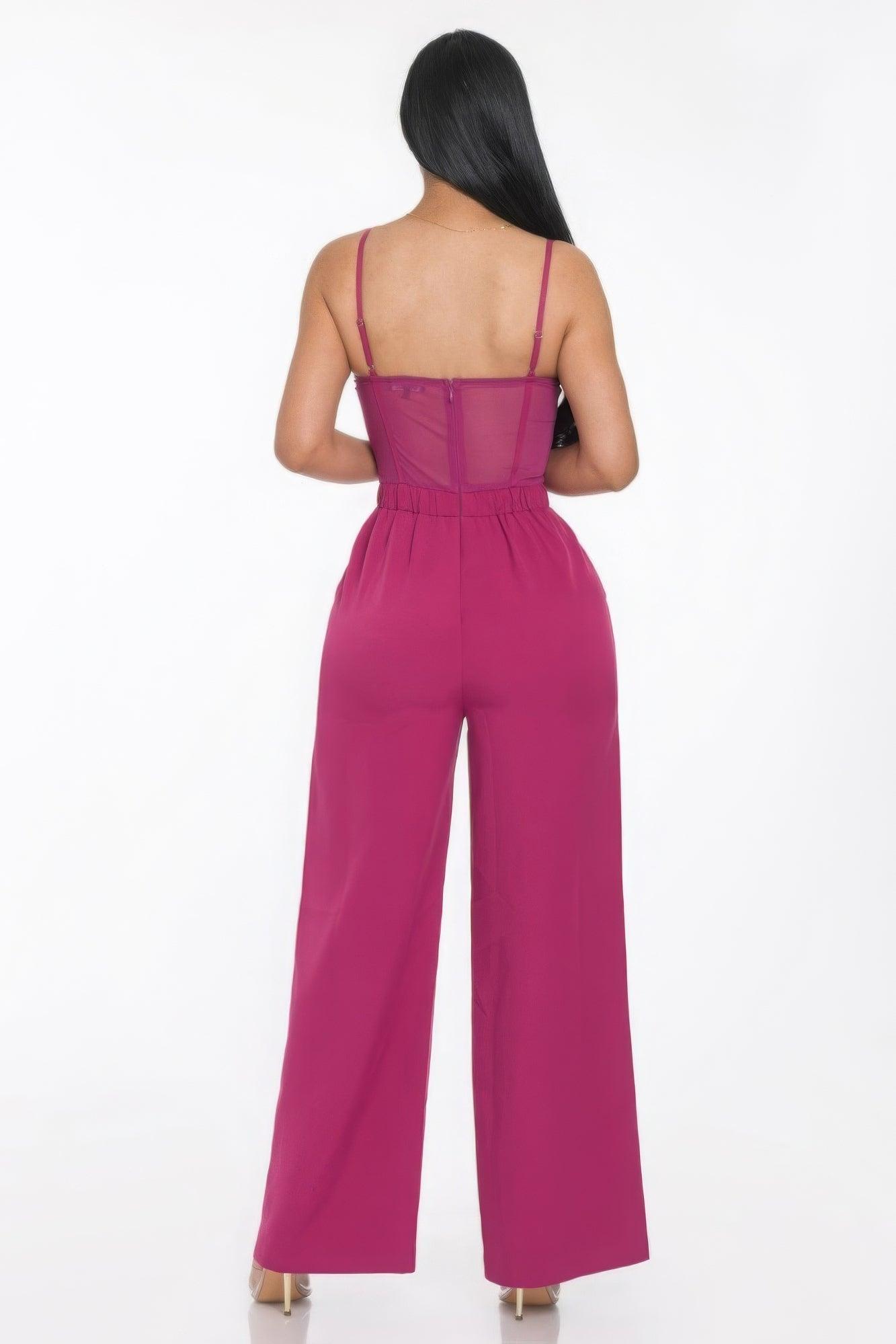 Mesh Insert Cup Wide Leg Jumpsuit - AMIClubwear