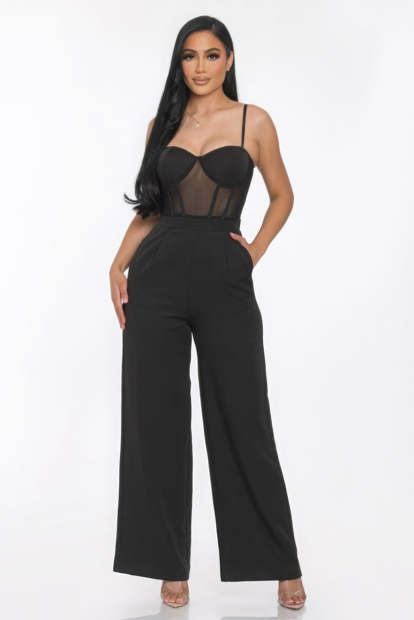 Mesh Insert Cup Wide Leg Jumpsuit - AMIClubwear