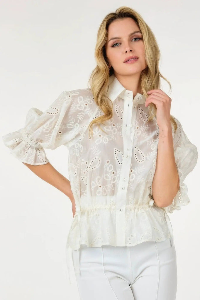 Button-down Collar Neck Embroidered Top