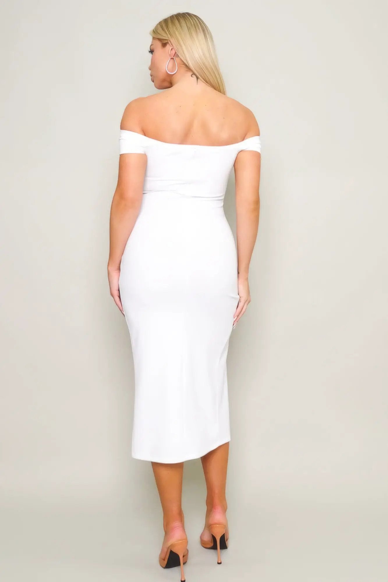 Off Shoulder Techno Crepe Midi Dress