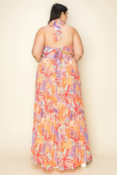 Chiffon Printed Pleated Cross Halter Key Hole Front Smocked Waist Maxi Dress