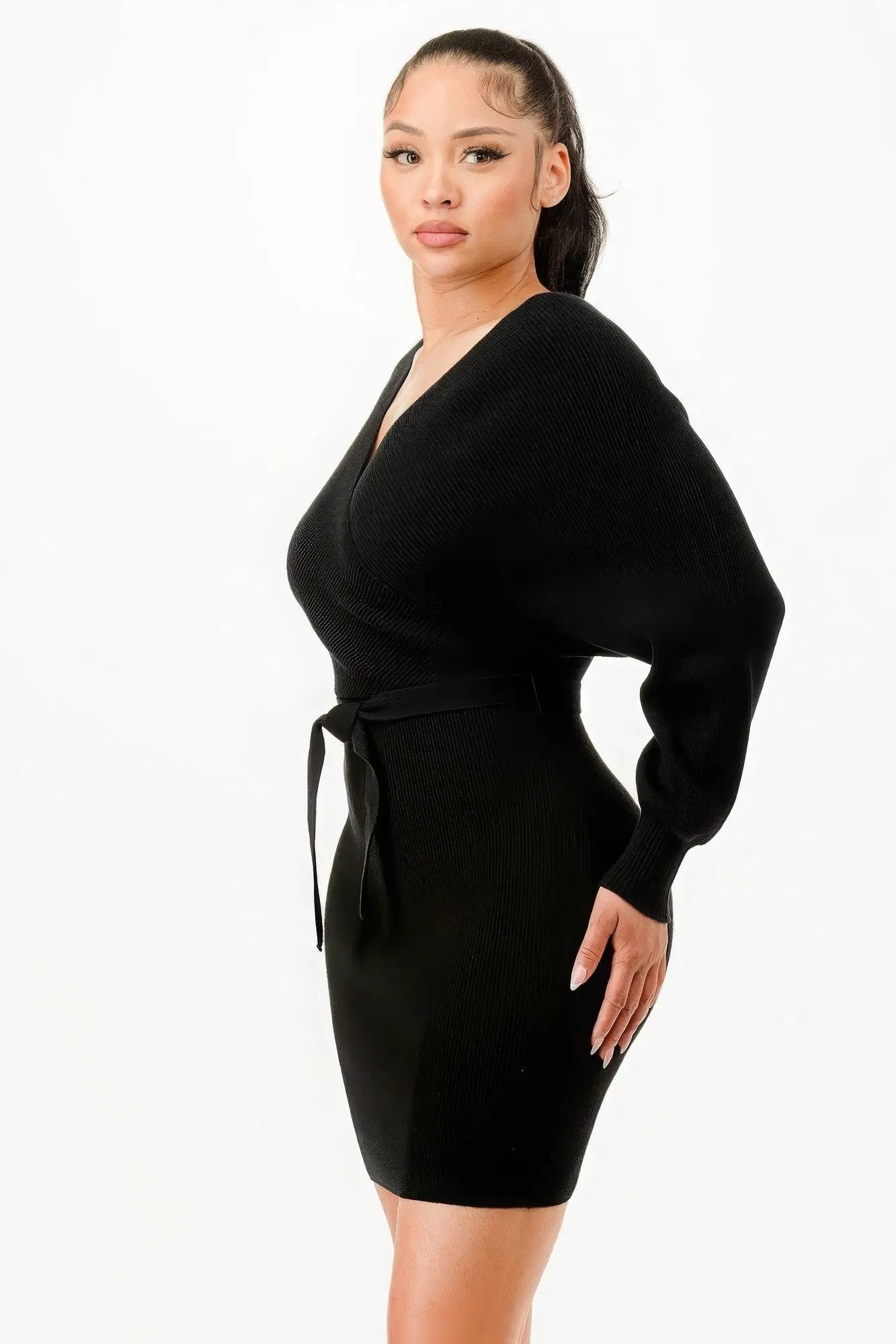 Off Shoulder Wrap Belted Ribbed Sweather Dress