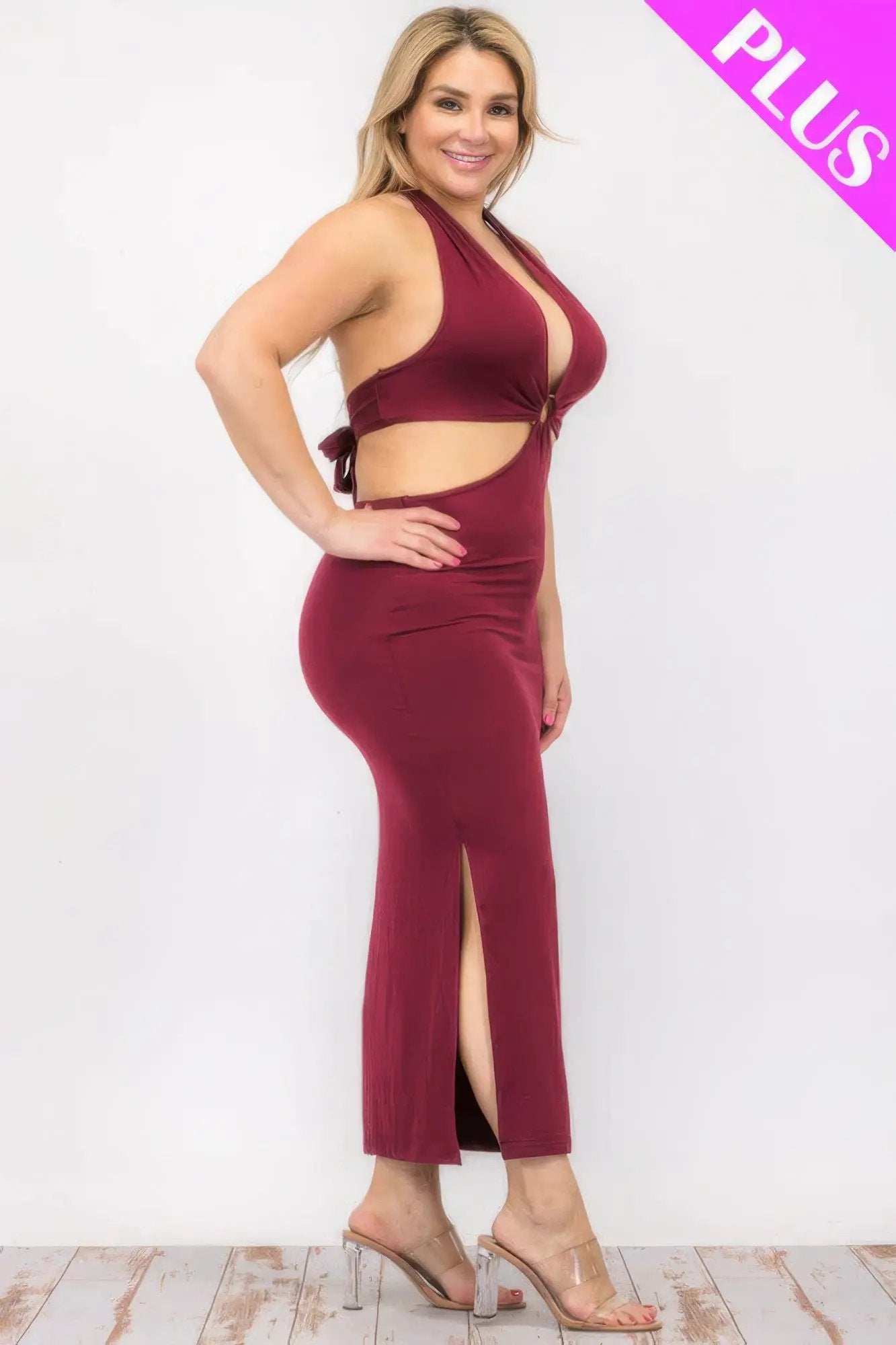 Plus Size Cut-out Halter Neck Double Back Tie Split Thigh Midi Dress