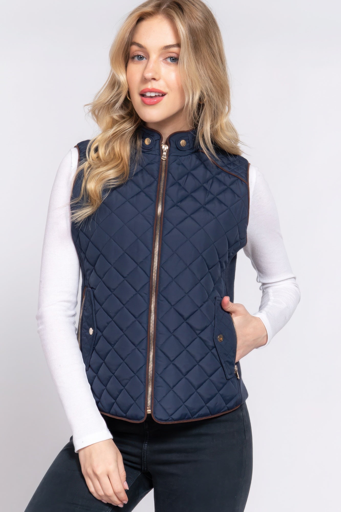 Suede Piping Quilted Padding Vest