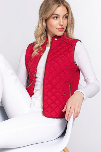 Suede Piping Quilted Padding Vest