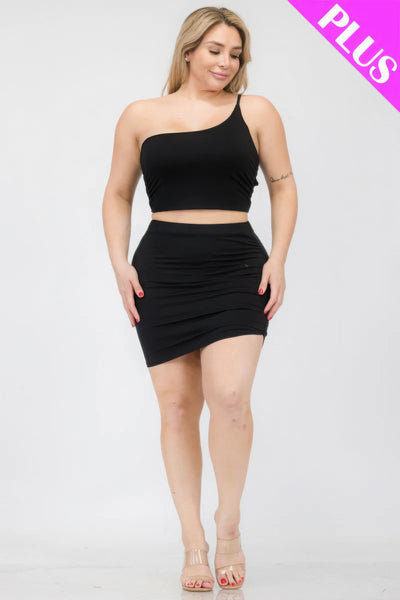 Plus Size One Shoulder Ruched Crop Top & Mini Skirt Set